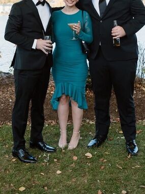 Teal Ruched Cocktail Dress with Ruffle Hem